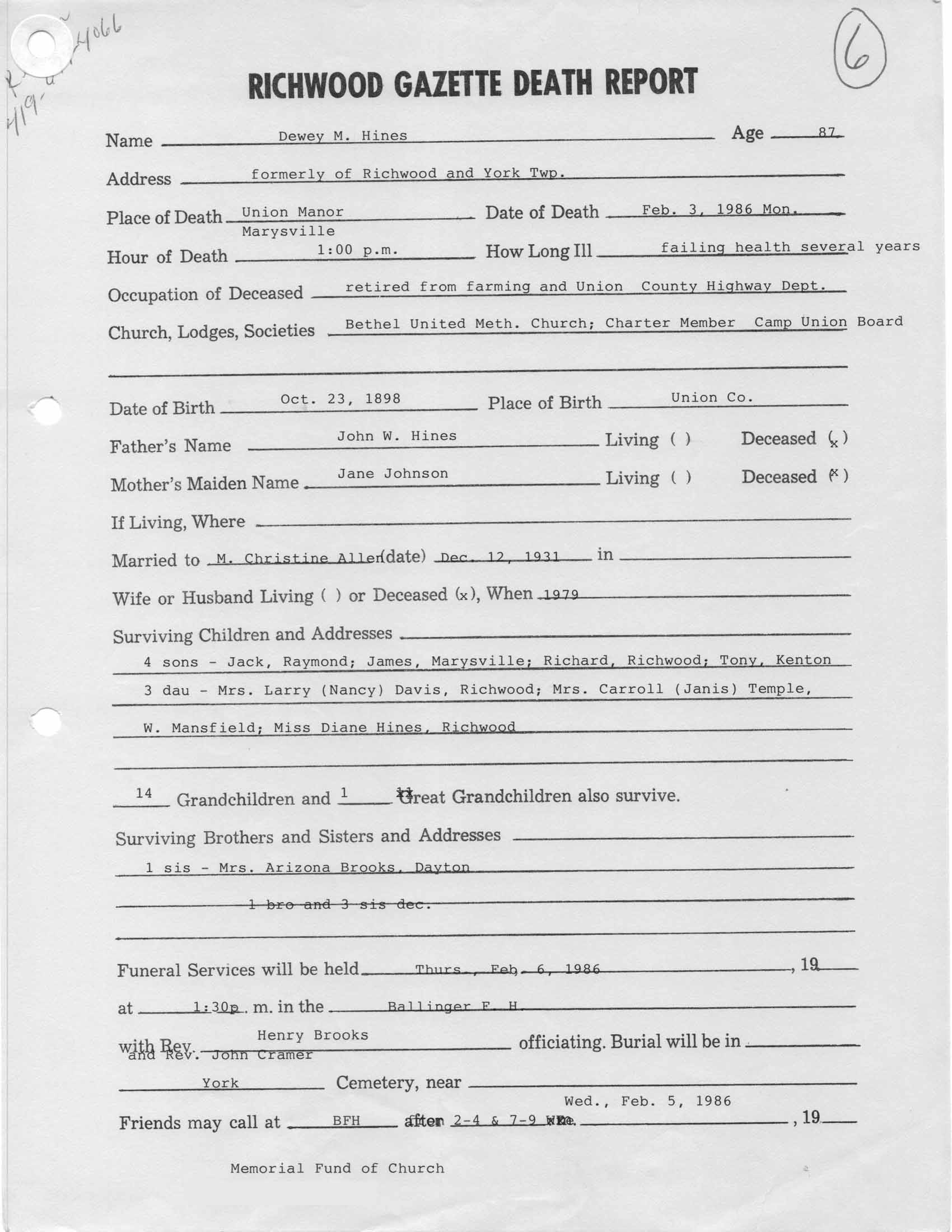 Dewey M Hines Stofcheck Ballinger Funeral Home